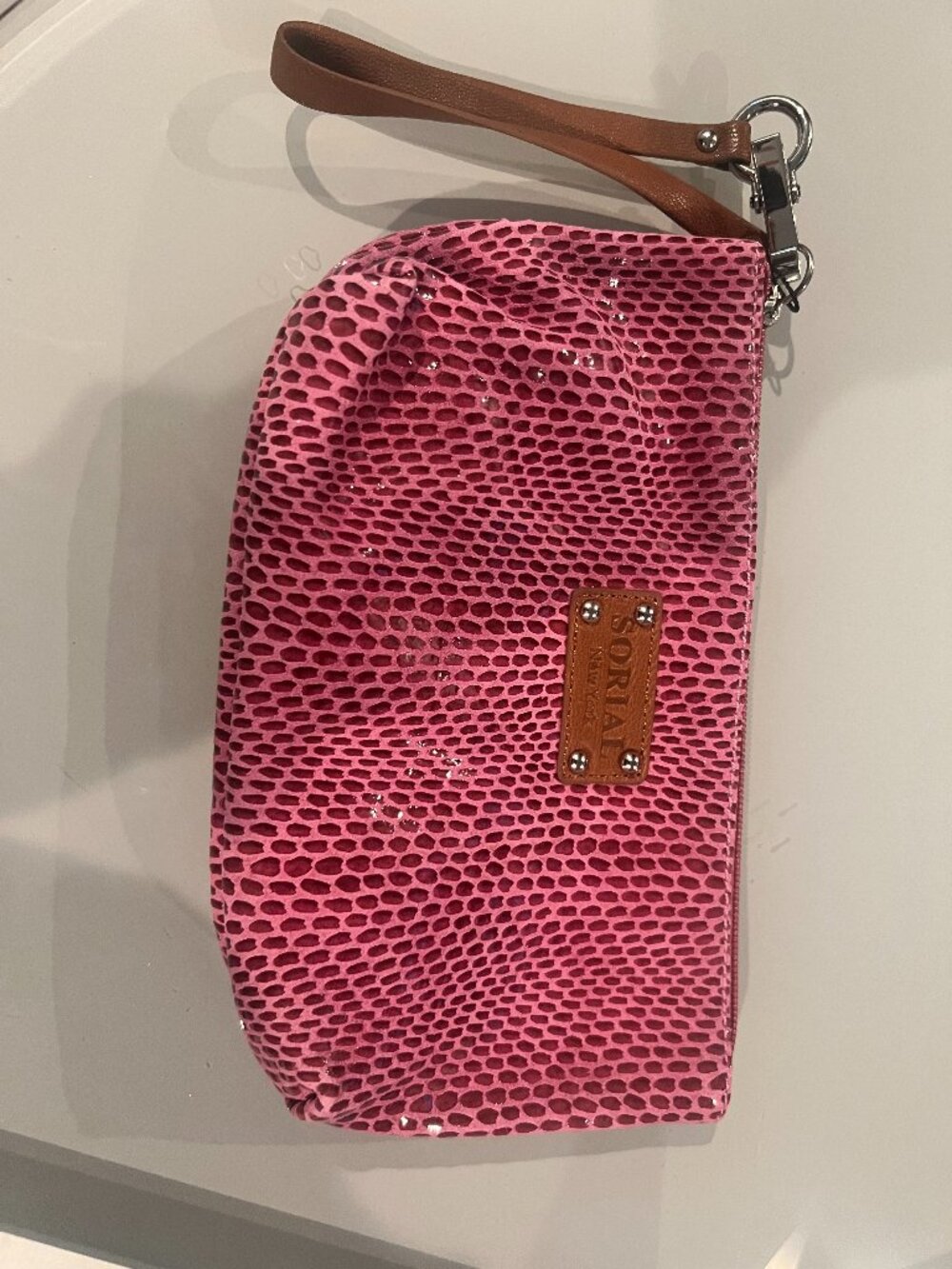 NWT Sorial New York Fuchsia Pink Snake Embossed Leather Wristlet Pouch SV101S